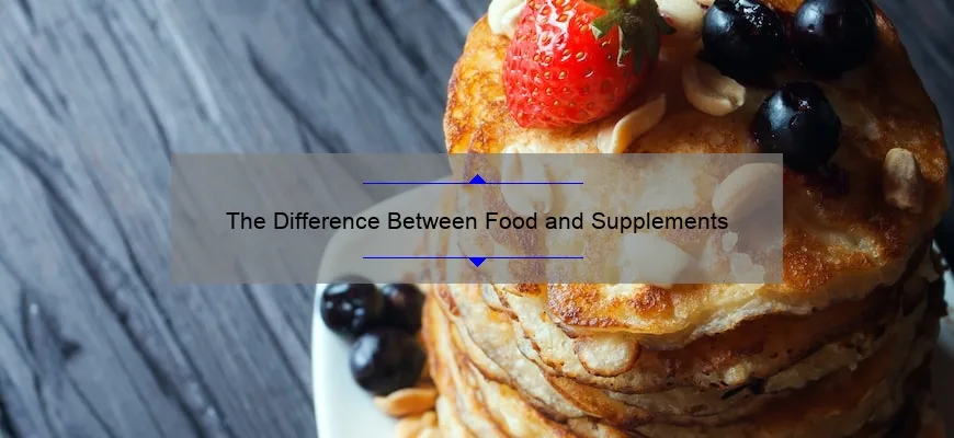The difference between food and supplements shown with whole foods and supplement bottles