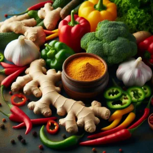 Ginger and Cayenne Pepper: What the Evidence Supports, and What It Doesn't 4 Ginger root, a bowl of ground turmeric, garlic, broccoli and sliced chillies