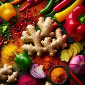 Ginger and Cayenne Pepper: What the Evidence Supports, and What It Doesn't 5 Ginger root among sweet peppers, red onion and heaps of ground spices
