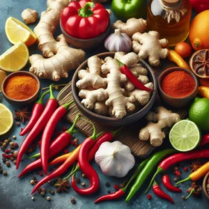 Ginger and Cayenne Pepper: What the Evidence Supports, and What It Doesn't 3 A bowl of ginger root with fresh red chillies, garlic, lemon and bowls of ground spice