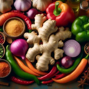 Ginger and Cayenne Pepper: What the Evidence Supports, and What It Doesn't 2 Fresh ginger root surrounded by red and green chillies, peppers, onions and bowls of ground spice