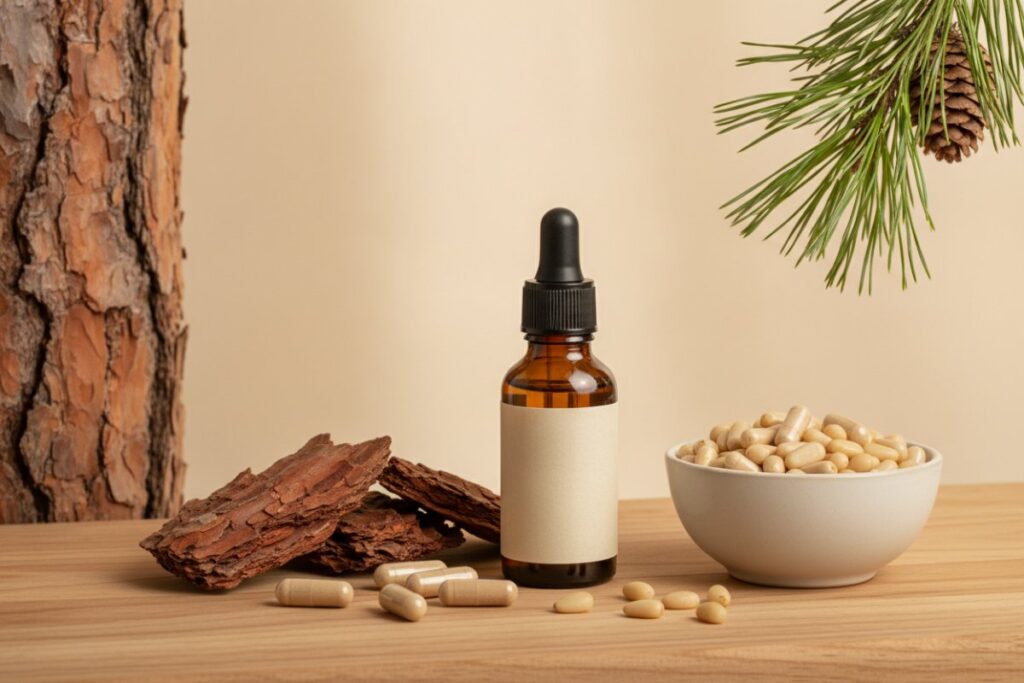 Discover the Incredible Health Benefits of Pine Trees 2 Pine bark extract dropper bottle with capsules, pine bark pieces and a bowl of pine nuts