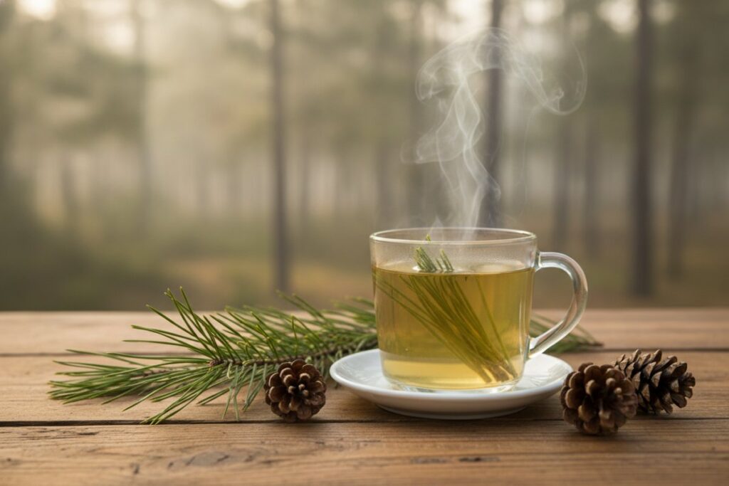 Discover the Incredible Health Benefits of Pine Trees 3 Glass mug of pine needle tea with fresh pine sprigs and pine cones on a wooden table