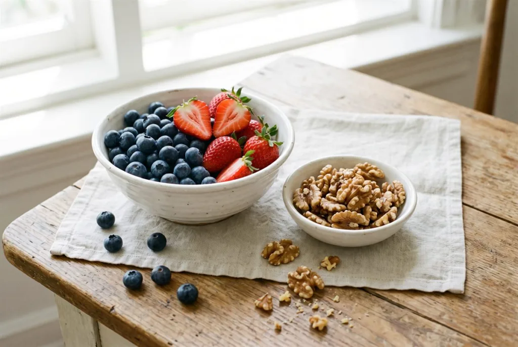 Brain Health Foods: What the Research Actually Supports 4 Brain health foods: a bowl of blueberries and strawberries beside a small bowl of walnut halves