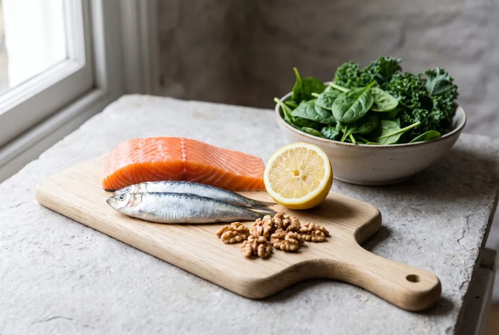 Brain Health Foods: What the Research Actually Supports 3 Brain health foods: a salmon fillet, two sardines, walnuts, half a lemon and a bowl of spinach and kale