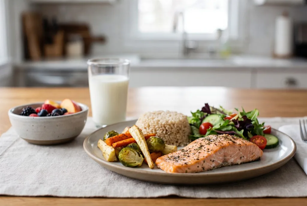 Dietary Guidelines for Americans 2 Dietary Guidelines for Americans on a plate: salmon, roasted vegetables, brown rice and salad