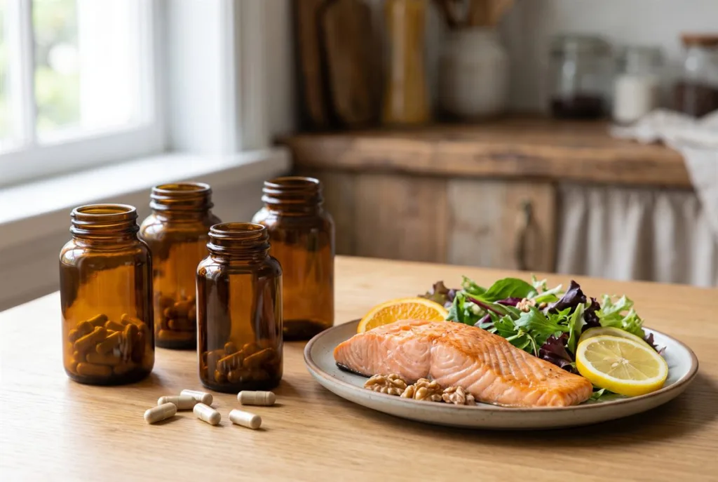 The Difference Between Food and Supplements 2 The difference between food and supplements: supplement bottles beside a plate of whole foods