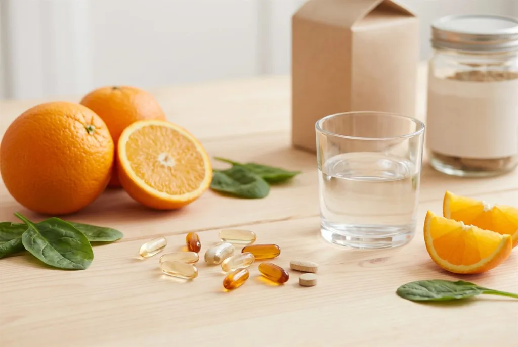 The Difference Between Food and Supplements 4 The difference between food and supplements: vitamin capsules next to oranges and spinach