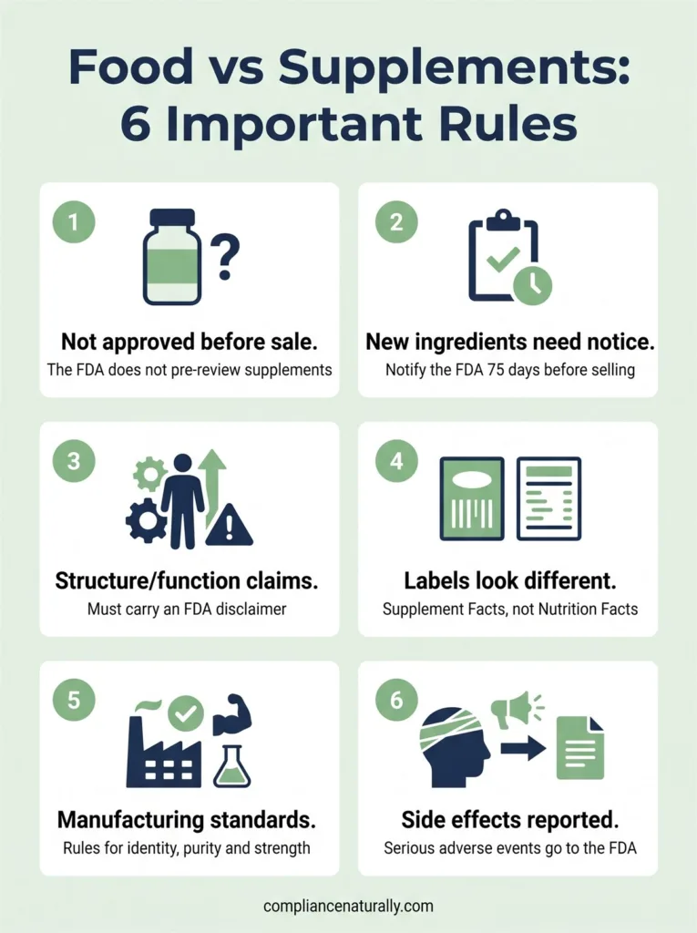 The Difference Between Food and Supplements 3 Infographic: the difference between food and supplements, 6 important rules