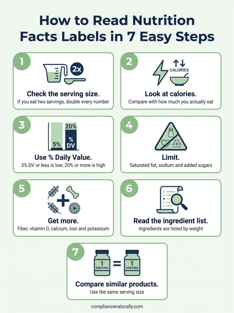 How to Read Nutrition Facts Labels Correctly 3 Infographic: how to read nutrition facts labels in 7 easy steps
